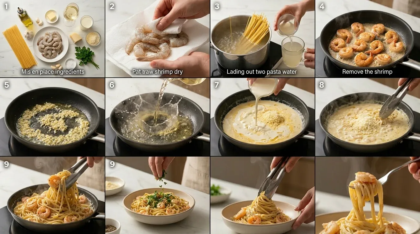 Step-by-step process collage for making creamy garlic prawn pasta, from prepping ingredients to plating