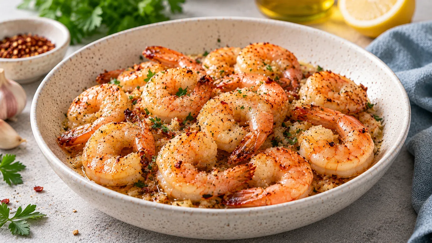 eared prawns with golden color, garlic and chilli flakes in a bowl