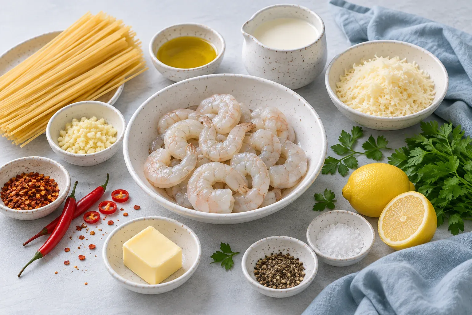 Ingredients for creamy chilli garlic prawn pasta including prawns, garlic, chilli flakes and fresh chilli