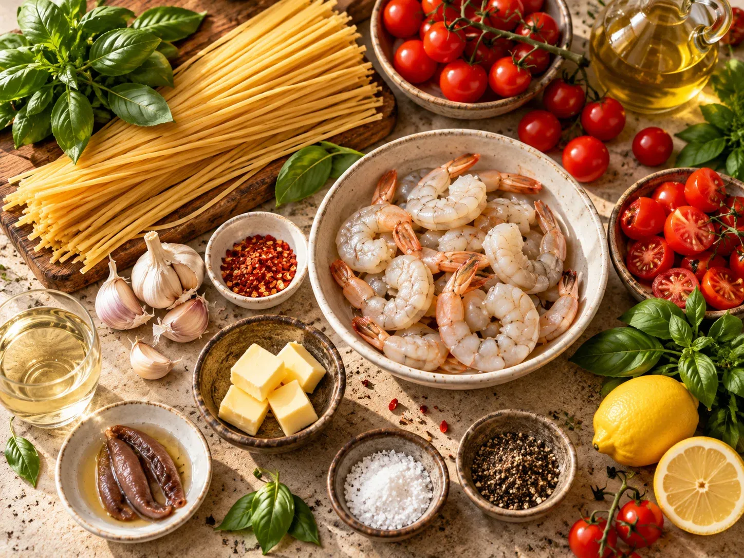 Ingredients for tomato prawn pasta including prawns, tomatoes, garlic and anchovies