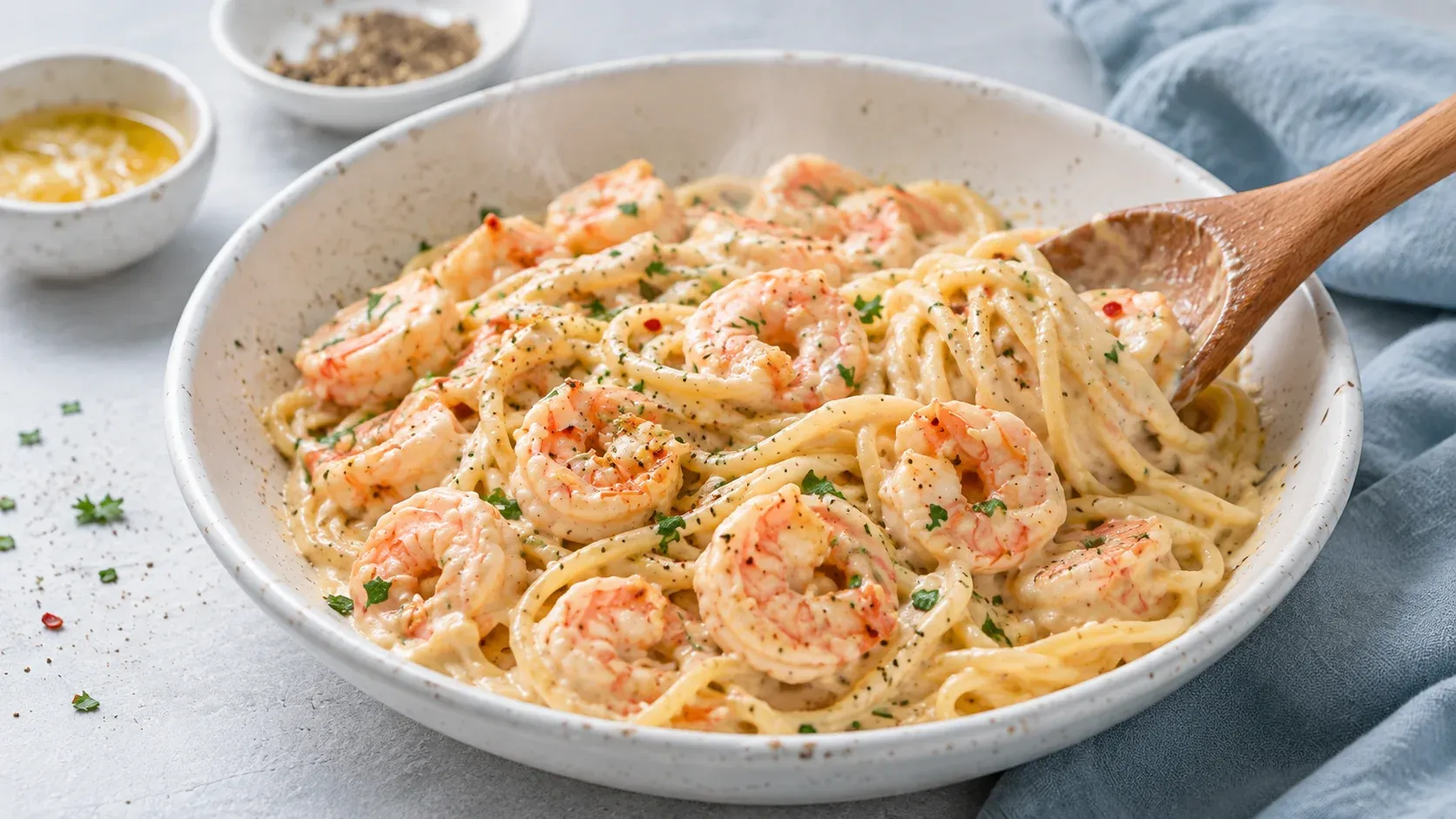 Creamy chilli garlic prawn pasta with red chilli and parmesan in a bowl