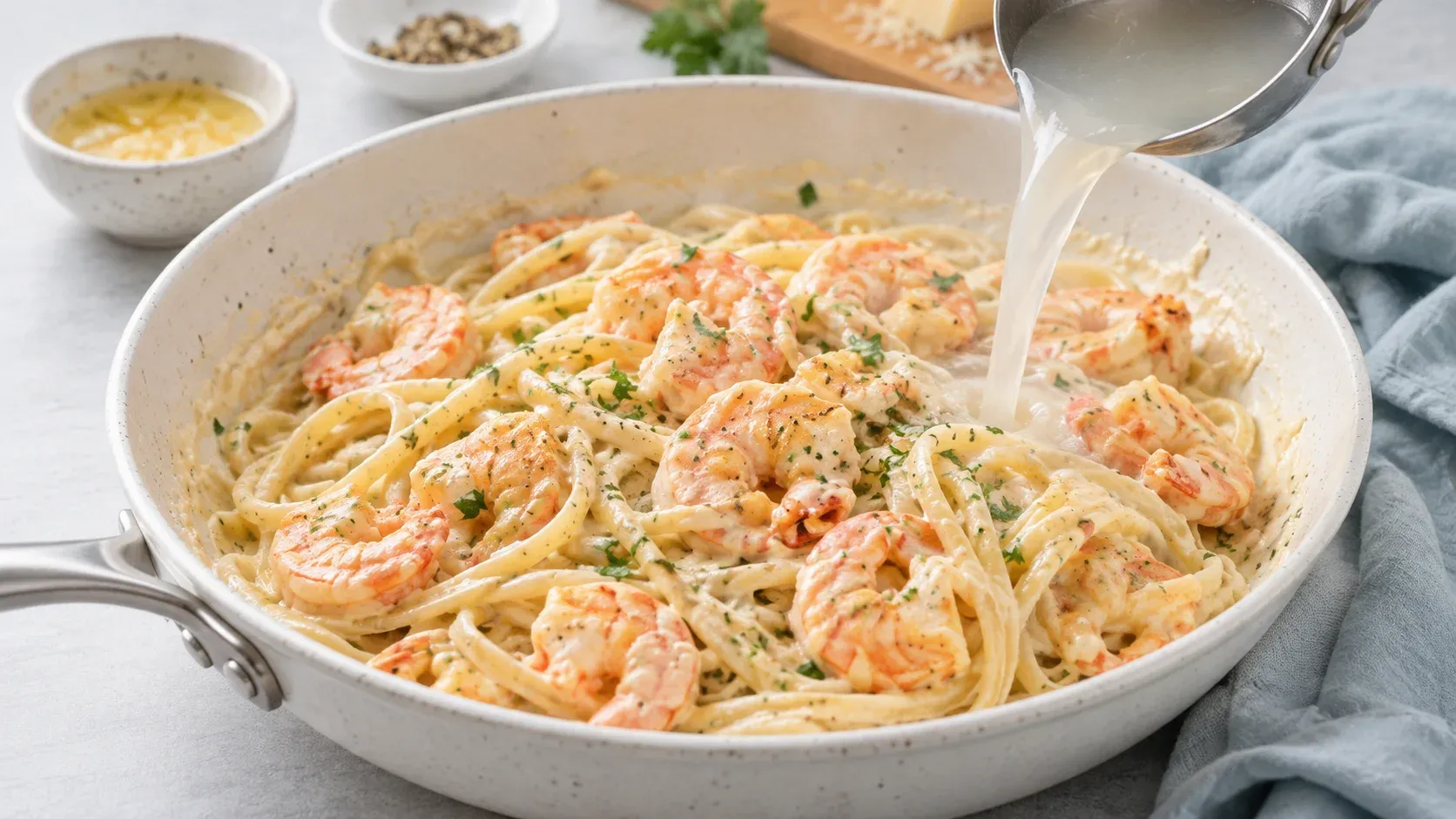Pasta water being poured into creamy prawn linguine to loosen the sauce