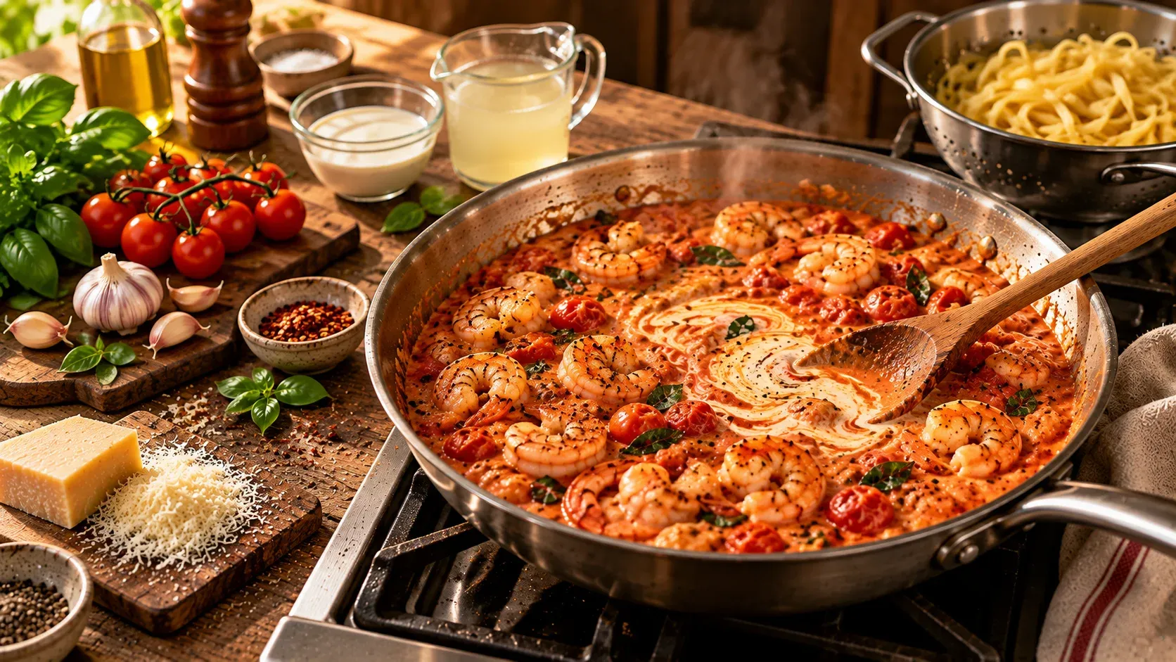 Cream being stirred into tomato prawn pasta sauce in a skillet