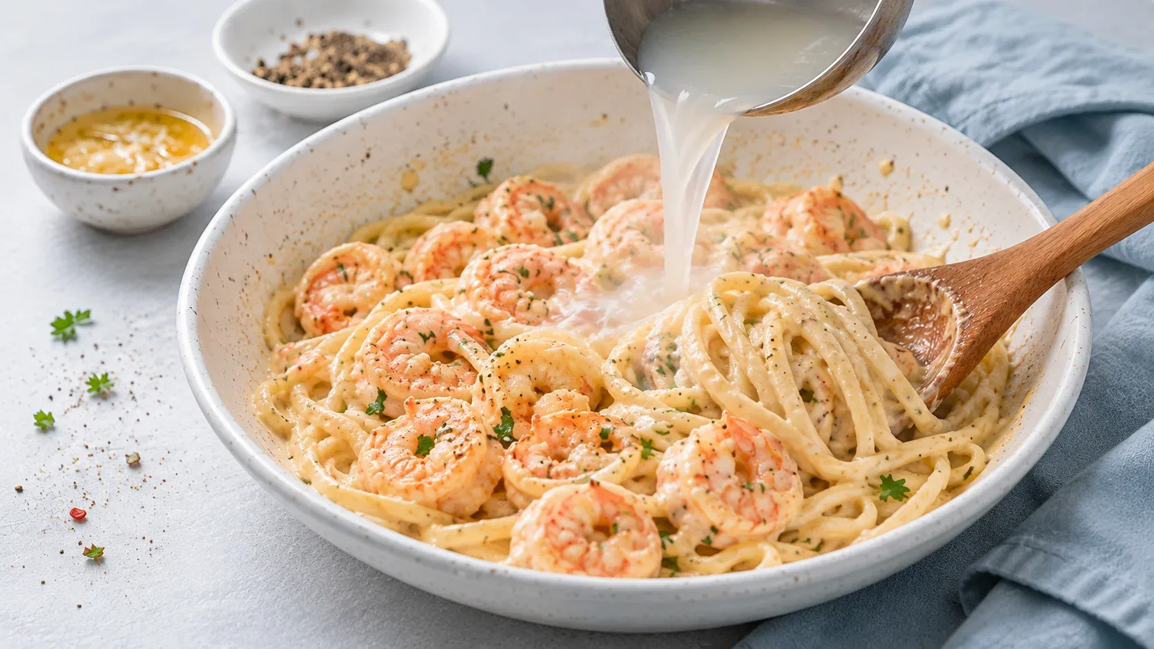 Pasta water being poured into creamy chilli garlic prawn pasta in a skillet