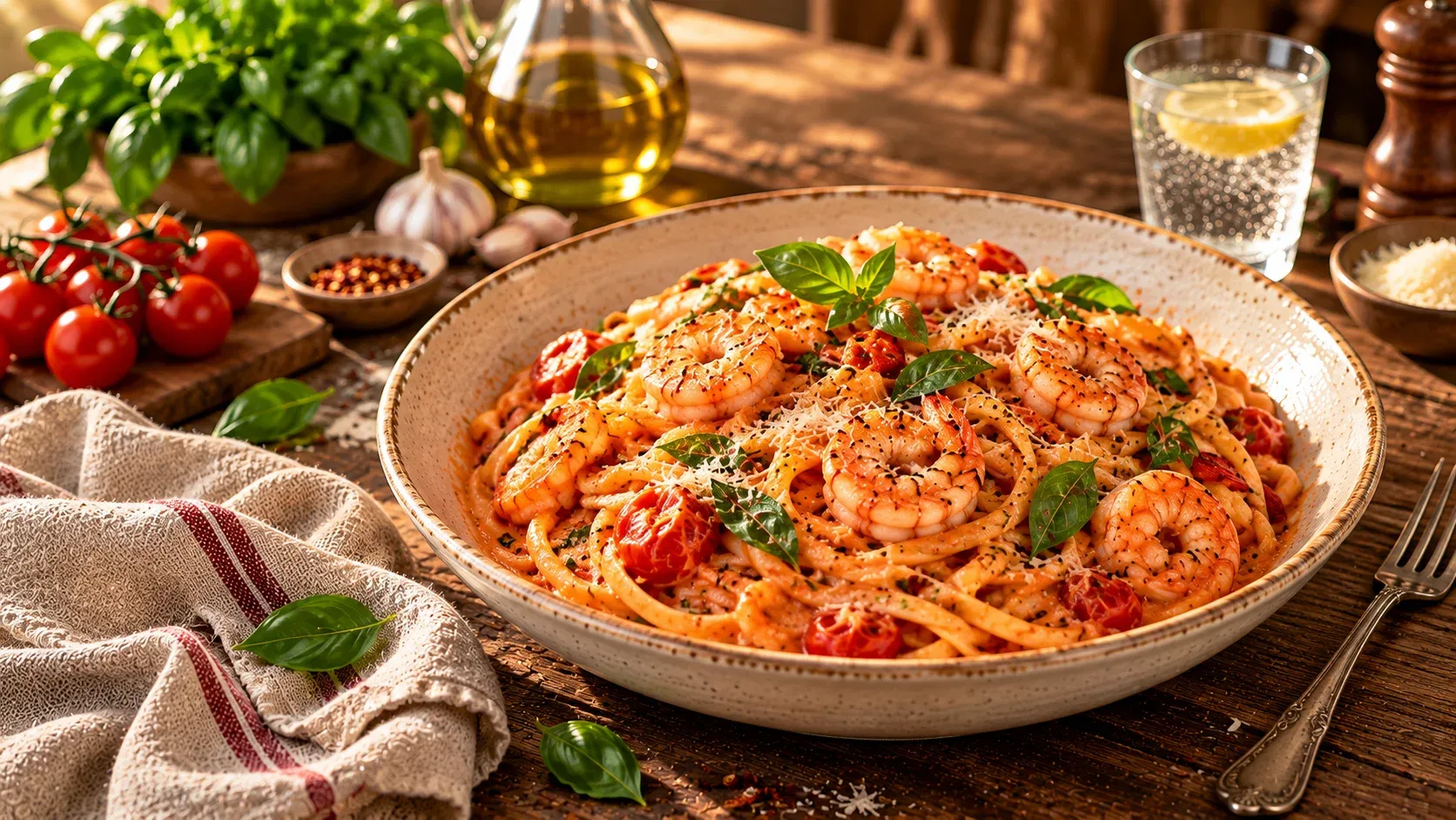 Close-up of creamy tomato prawn pasta with prawns and cherry tomatoes