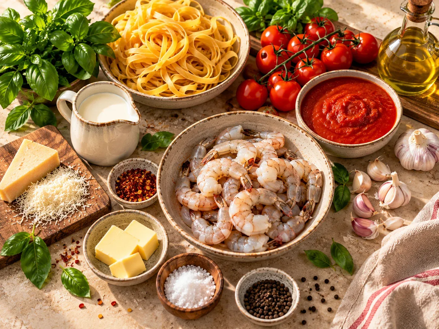 Ingredients for creamy tomato prawn pasta including prawns, passata, cream and fettuccine