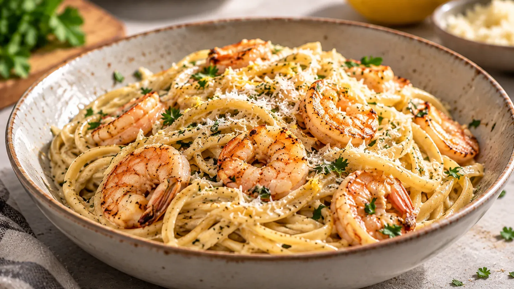 Plated creamy garlic prawn pasta topped with parmesan and lemon zest