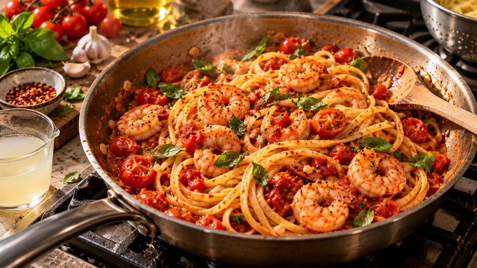 Tomato prawn pasta cooking in a skillet with fresh basil