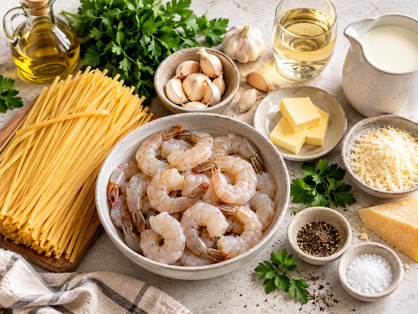 Ingredients for creamy garlic prawn pasta including prawns, pasta, garlic, butter and cream