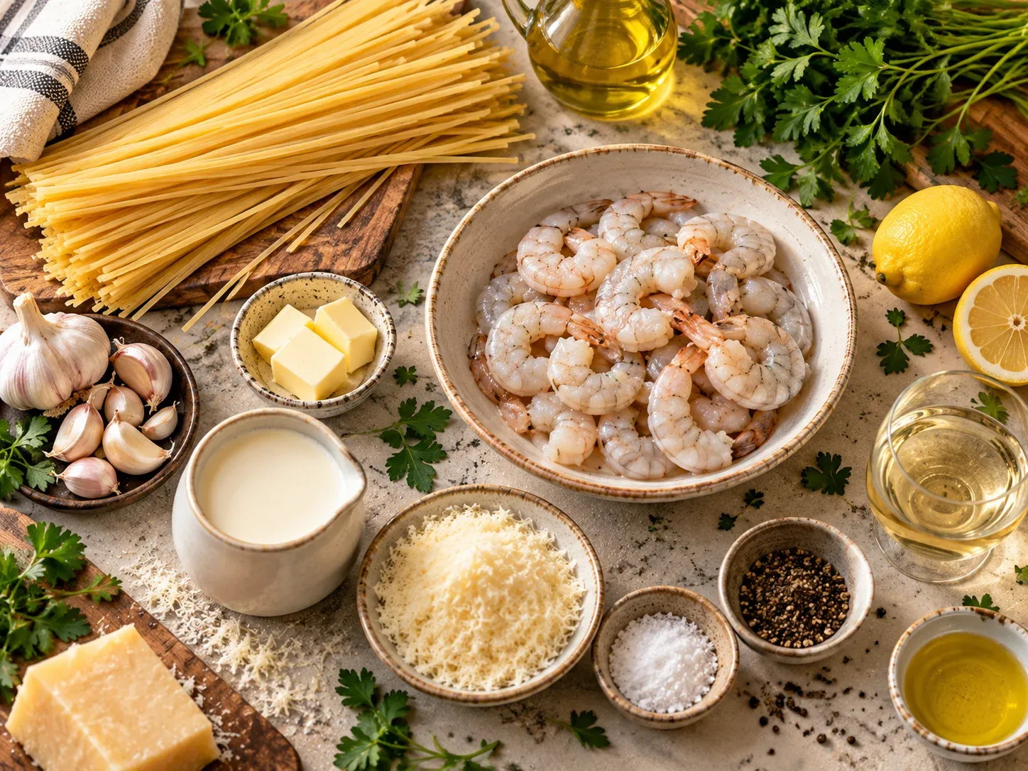 Raw peeled prawns with pasta, garlic, butter, cream, parmesan and lemon