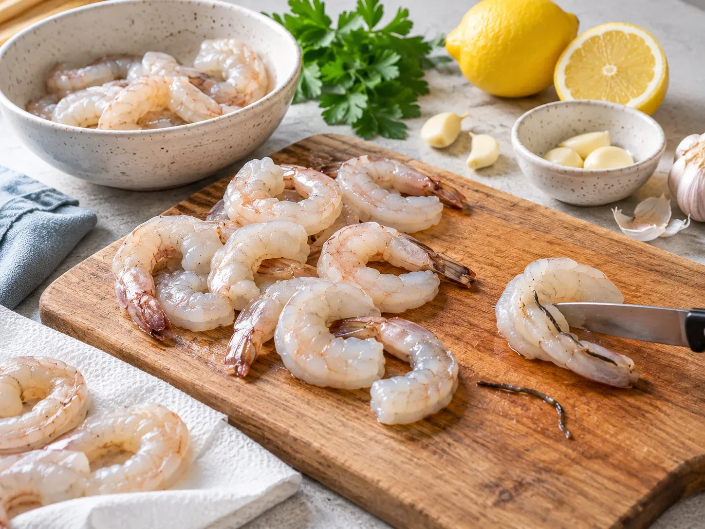 Deveining raw prawns on a wooden cutting board with a knife