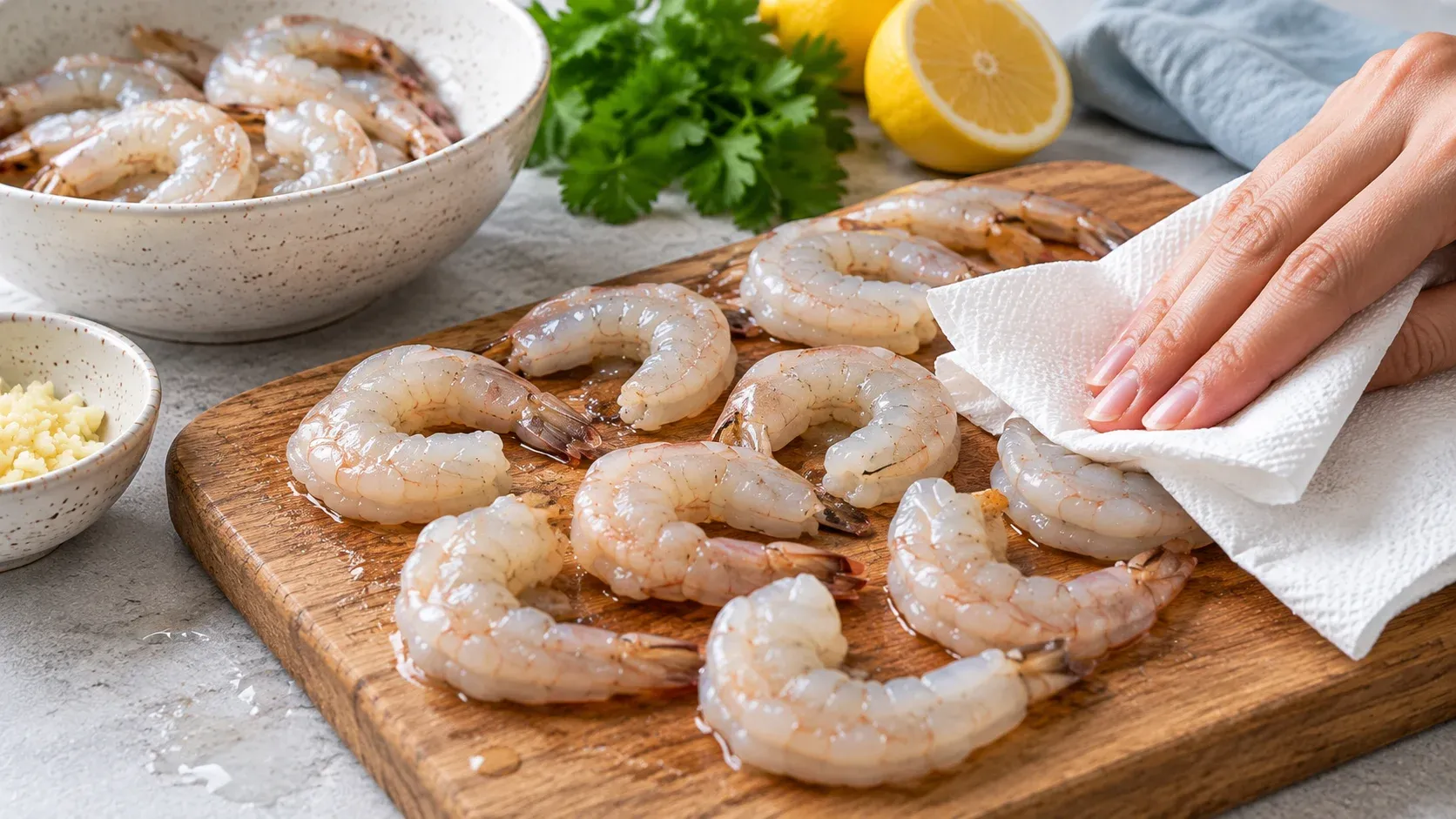 Patting raw prawns dry with a paper towel before cooking