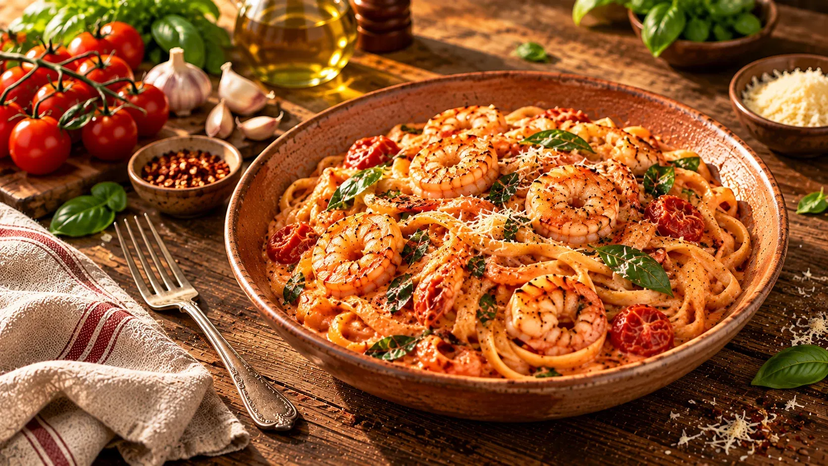 Creamy tomato prawn pasta with basil and parmesan in a white bowl