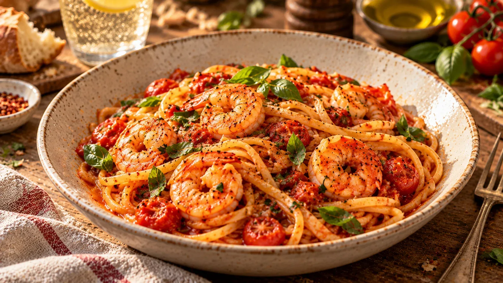 Tomato prawn pasta with basil and cherry tomatoes in a white bowl