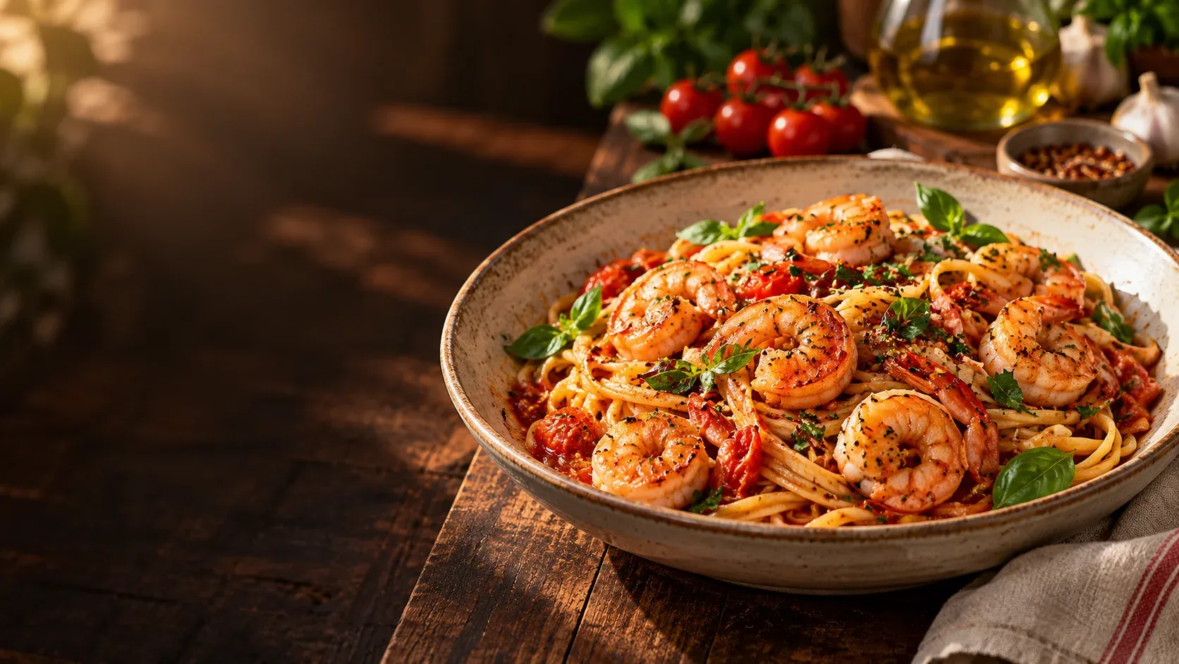 Spicy prawn pasta with tomatoes and basil, a signature recipe from Prawn Pasta Recipes